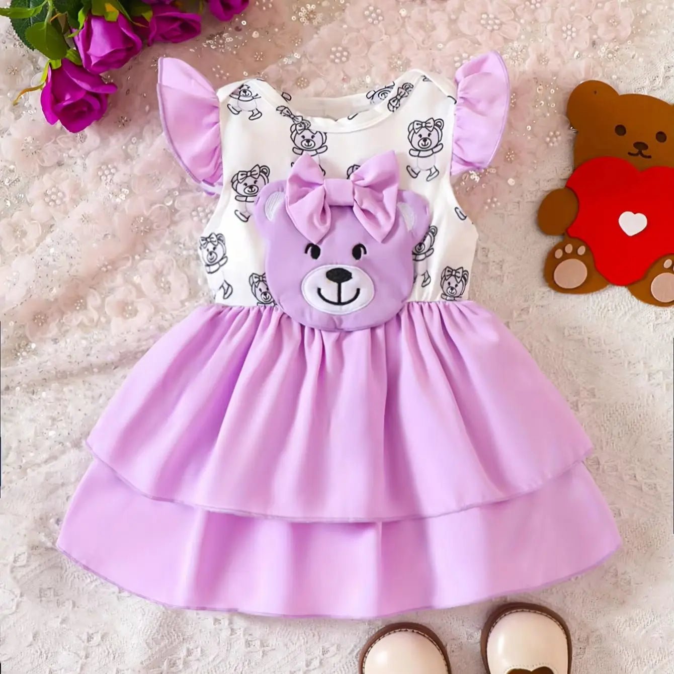 0-3 Jahre alte Kleinkinder, süße lila Schleifenbär-Kleider für Mädchen, günstig - flohmarkt-deutschland.shop