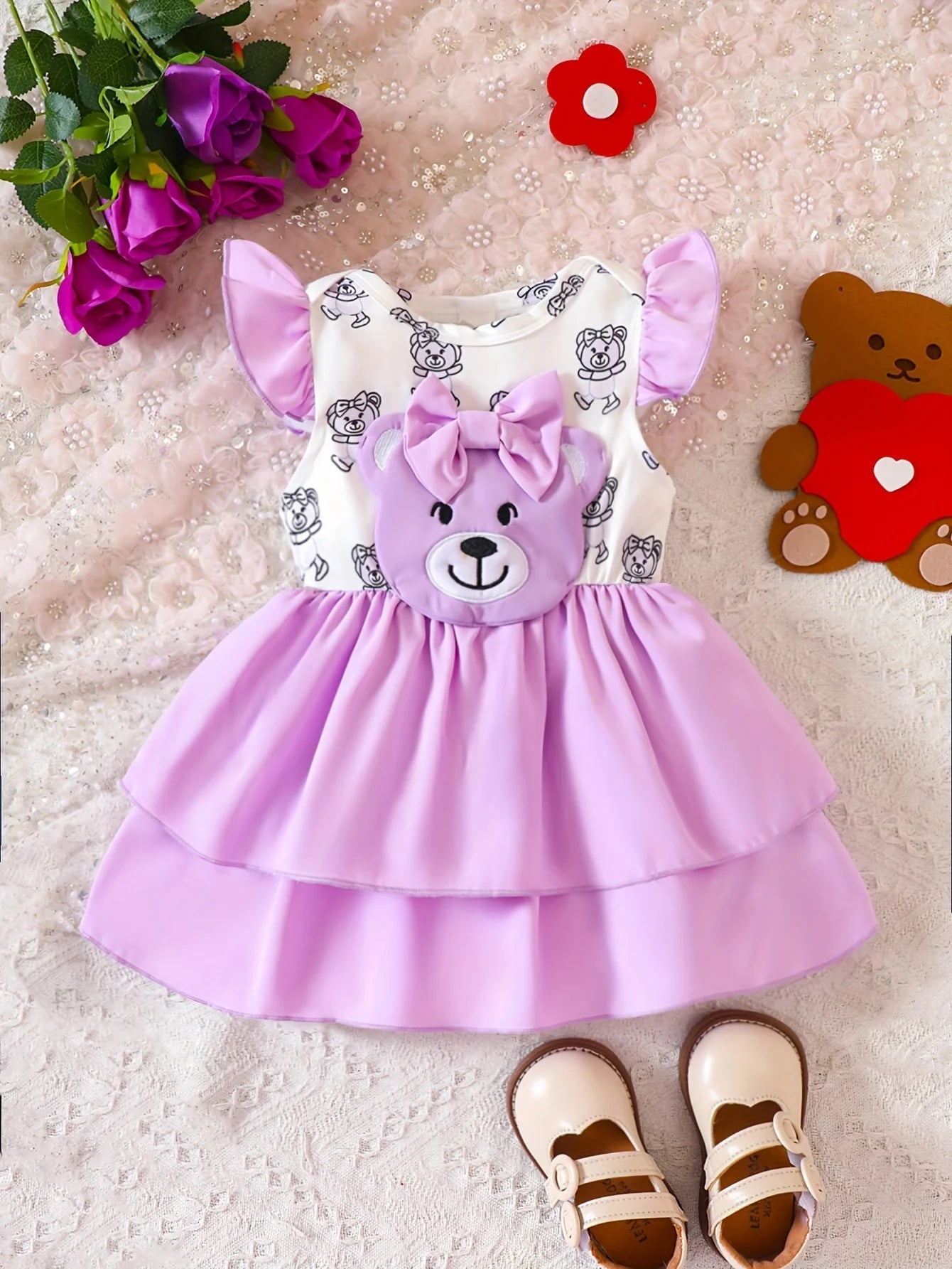 0-3 Jahre alte Kleinkinder, süße lila Schleifenbär-Kleider für Mädchen, günstig - flohmarkt-deutschland.shop