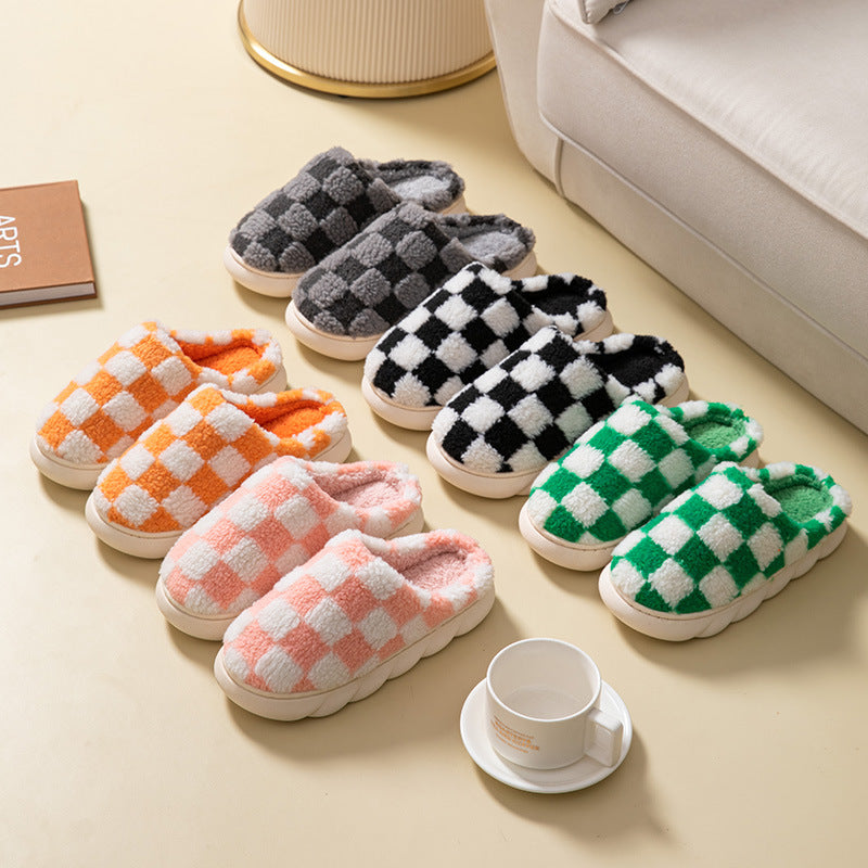 Plush Cotton Non-Slip Thick Bottom Plaid Slippers