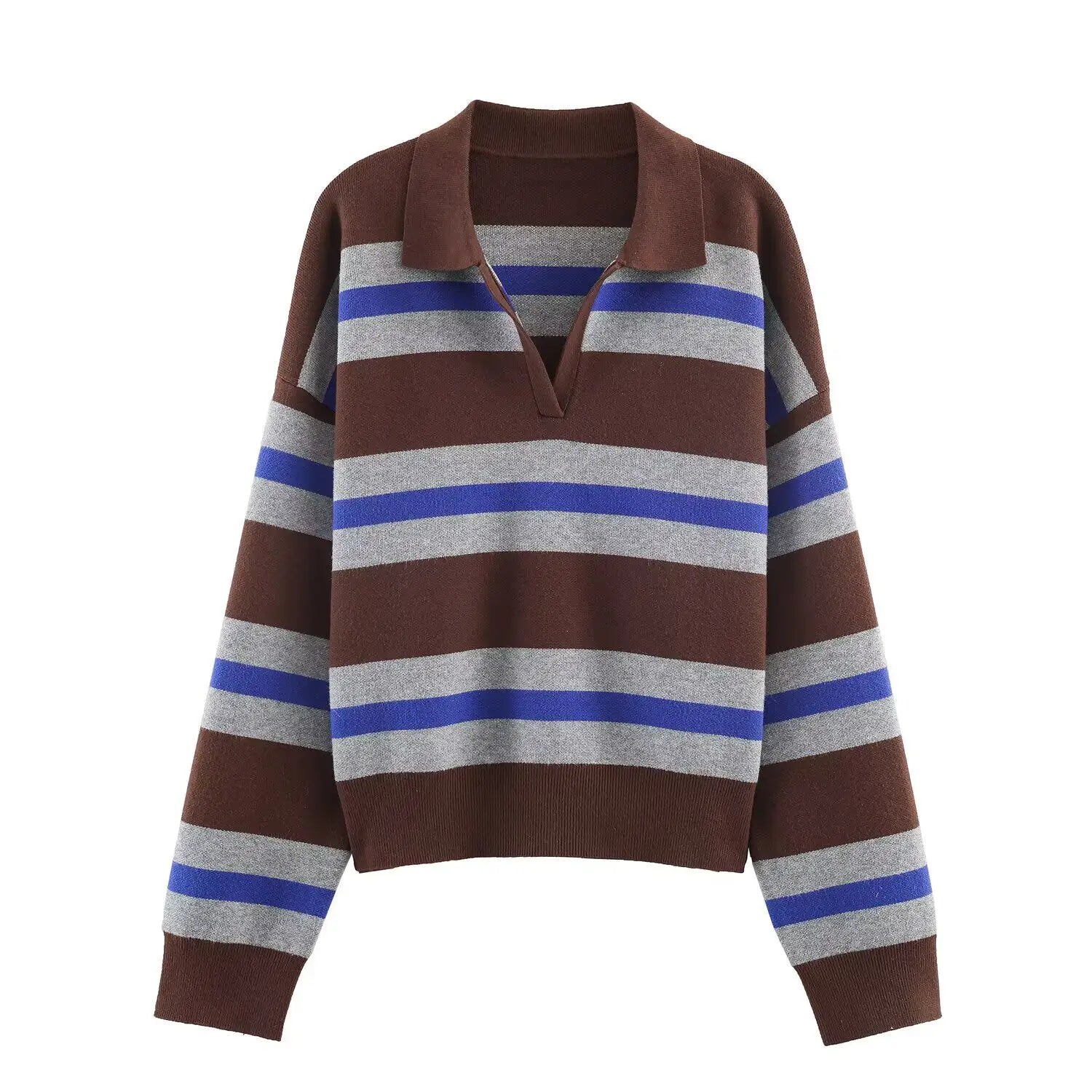 2026 Autumn New Women's Loose Long Sleeve Sweater Solid Color & Bold Stripe Lapel Top Street Fashion Long Sleeve Pullover