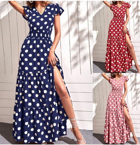 Polka Dot Dress with Split V-neck Design