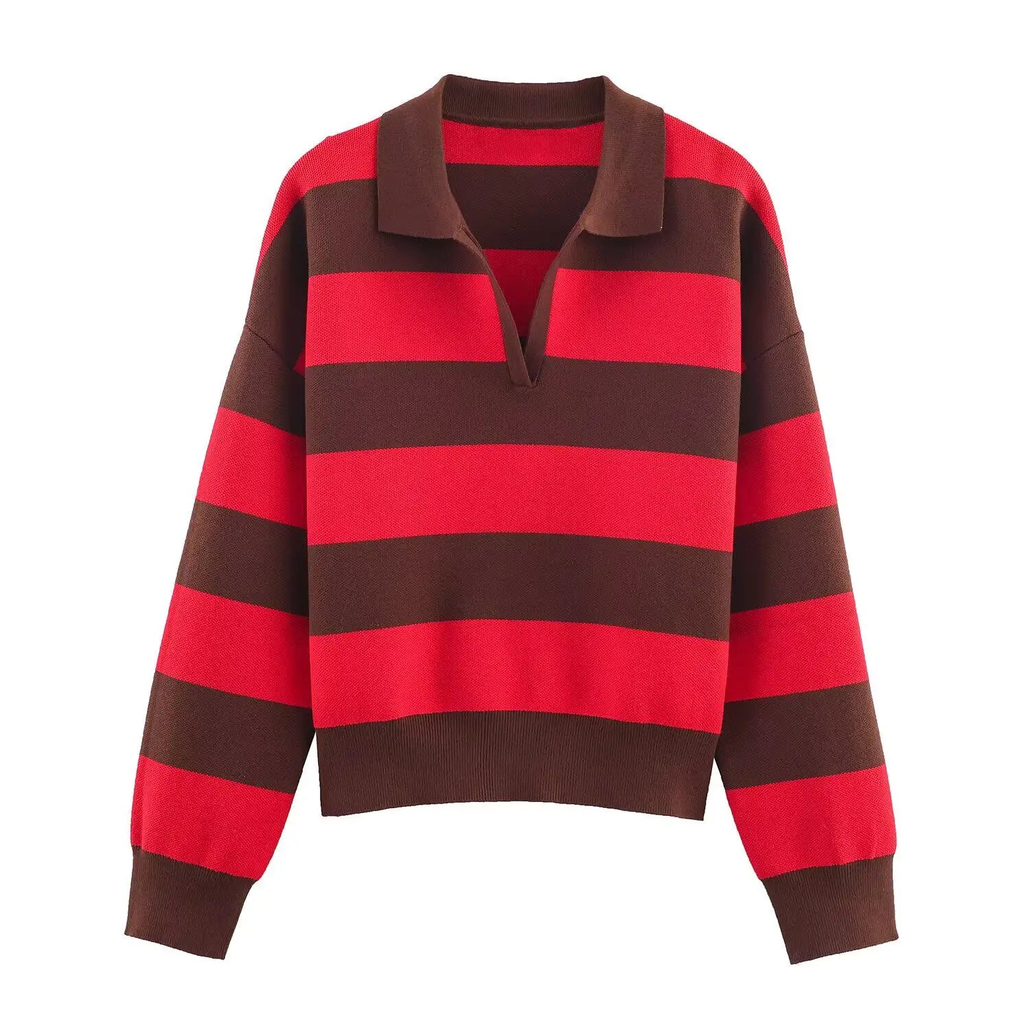 2026 Autumn New Women's Loose Long Sleeve Sweater Solid Color & Bold Stripe Lapel Top Street Fashion Long Sleeve Pullover