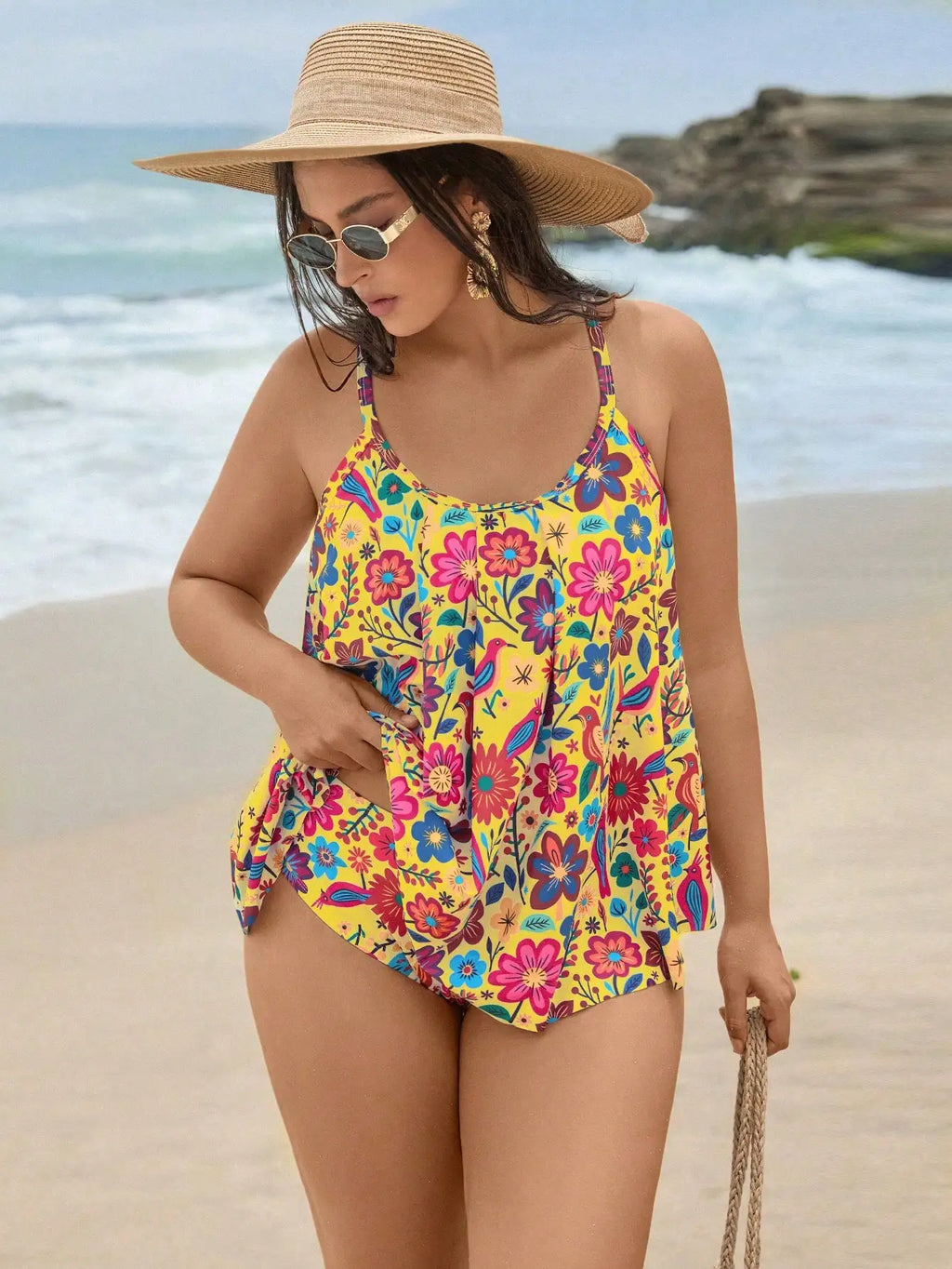 Women Floral Print Tankini Swimsuit Set High Waist Ruffle Beach Vacation Swimwear
