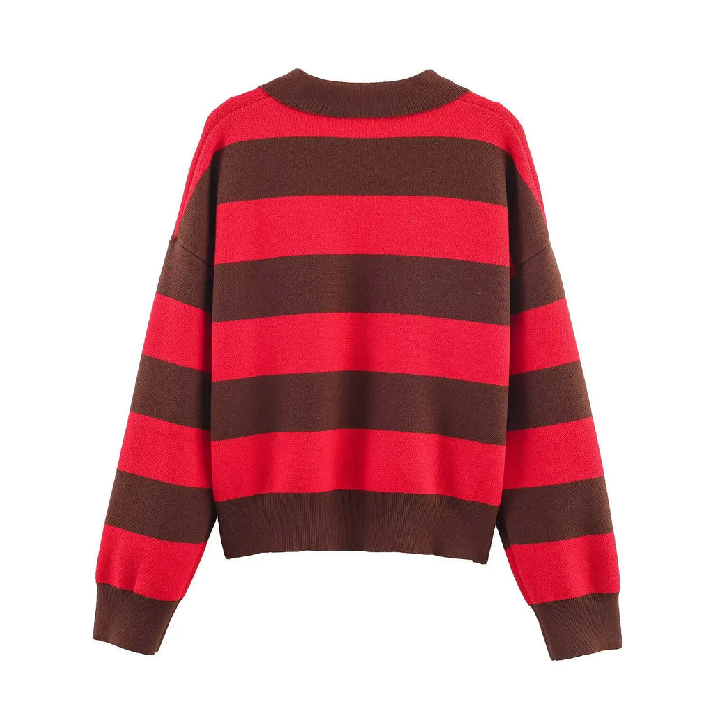 2026 Autumn New Women's Loose Long Sleeve Sweater Solid Color & Bold Stripe Lapel Top Street Fashion Long Sleeve Pullover