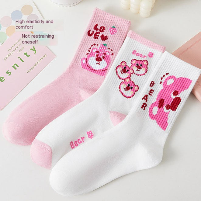Cute Cartoon Strawberry Bear Mid-Calf Socks for Students