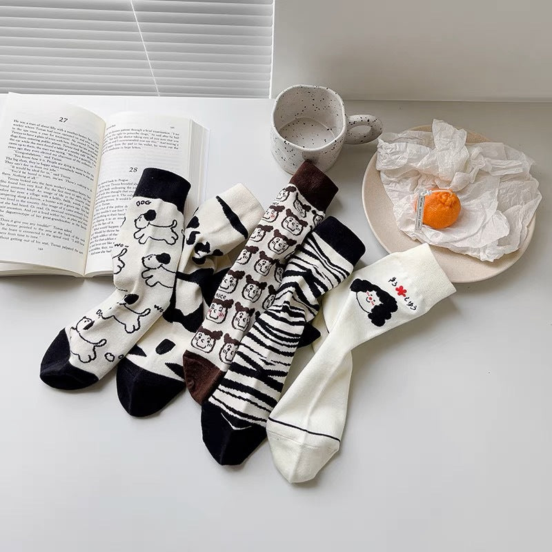 Cute Cartoon Mid-Calf Socks for Women - Zebra & Puppy