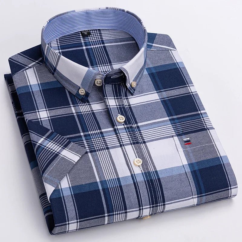 100% Baumwolle Atmungsaktiv Männer Oxford Kurzarm Sommer Plaid Shirts Gestreiften Männliche Kleidung Business Regular Fit Übergroßen - flohmarkt-deutschland.shop