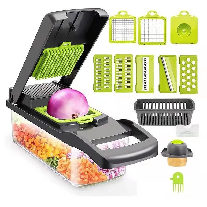 12-in-1 Gemüseschneider Reibe Häcksler Korb Karotte Kartoffel Obst - flohmarkt-deutschland.shop