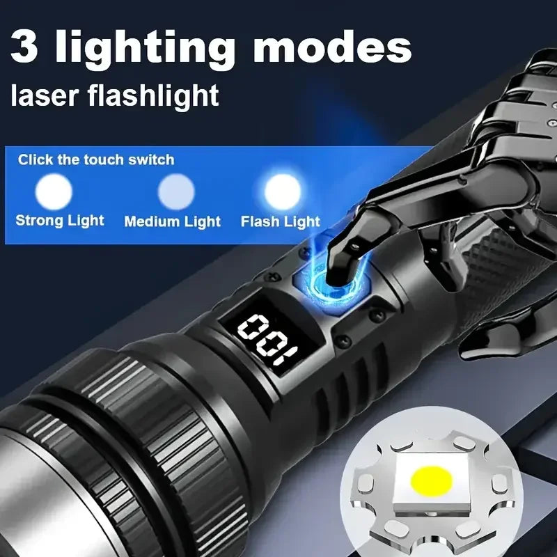 900000LM Powerful LED Flashlight Type-c Rechargeable Zoom Torch with Digital Display Handheld Flashlights for Camping Hiking