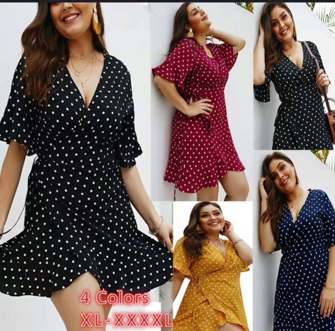 Plus Size XL-4XL Women's Summer V-Neck Polka Dot Dress