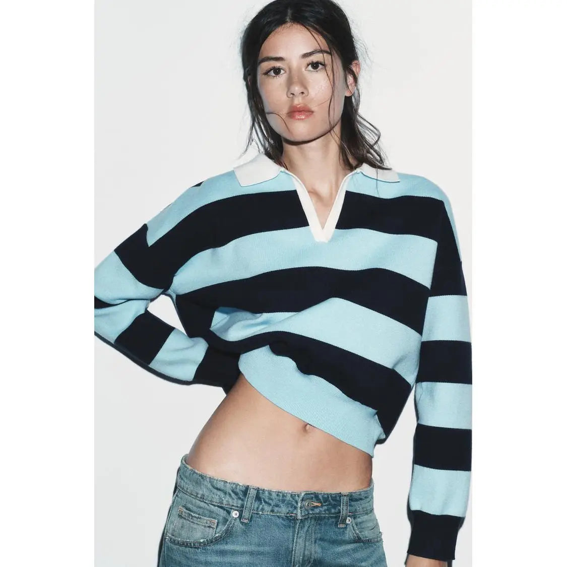 2026 Autumn New Women's Loose Long Sleeve Sweater Solid Color & Bold Stripe Lapel Top Street Fashion Long Sleeve Pullover