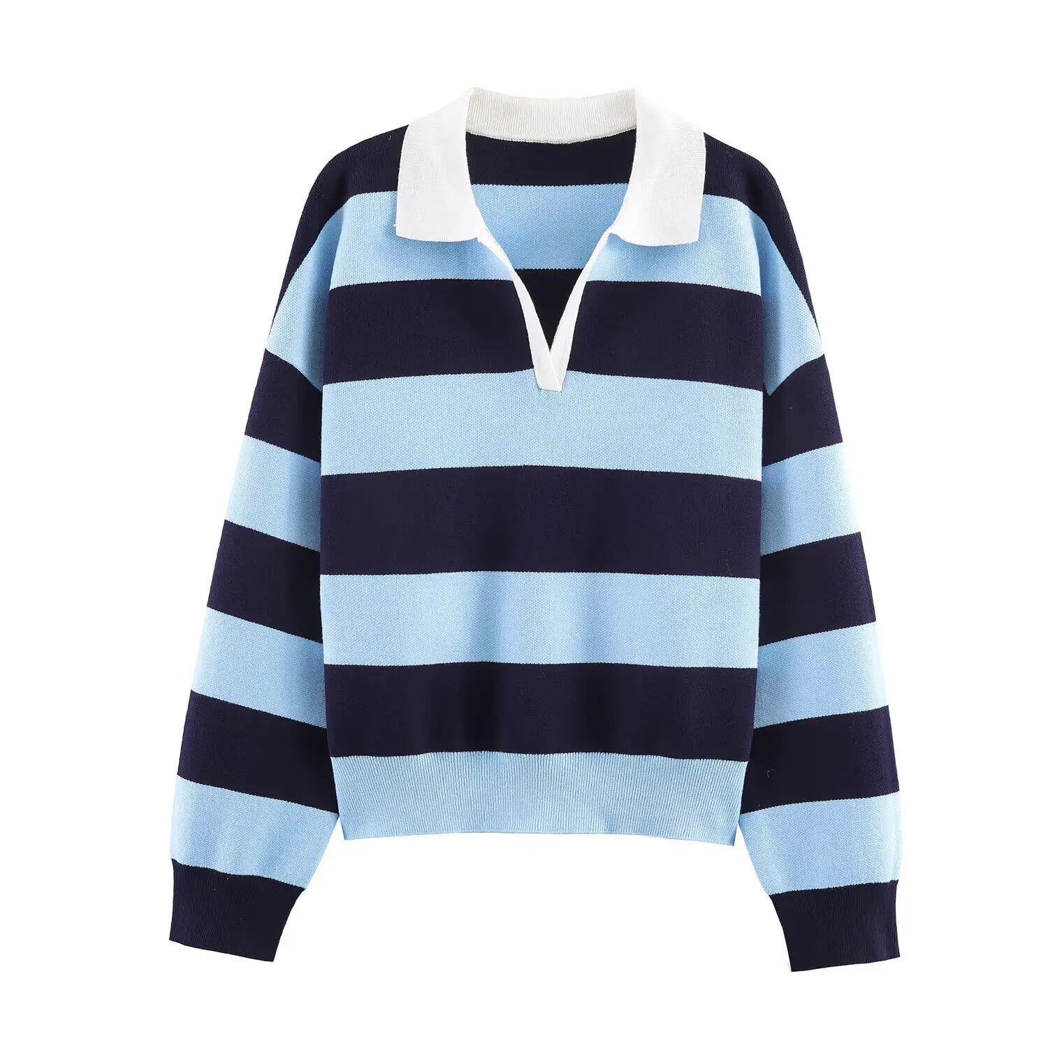 2026 Autumn New Women's Loose Long Sleeve Sweater Solid Color & Bold Stripe Lapel Top Street Fashion Long Sleeve Pullover