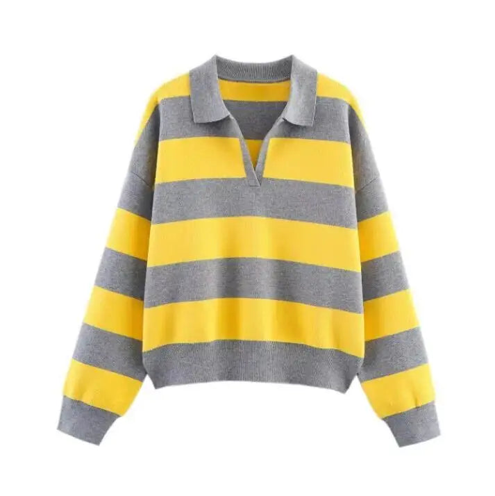 2026 Autumn New Women's Loose Long Sleeve Sweater Solid Color & Bold Stripe Lapel Top Street Fashion Long Sleeve Pullover