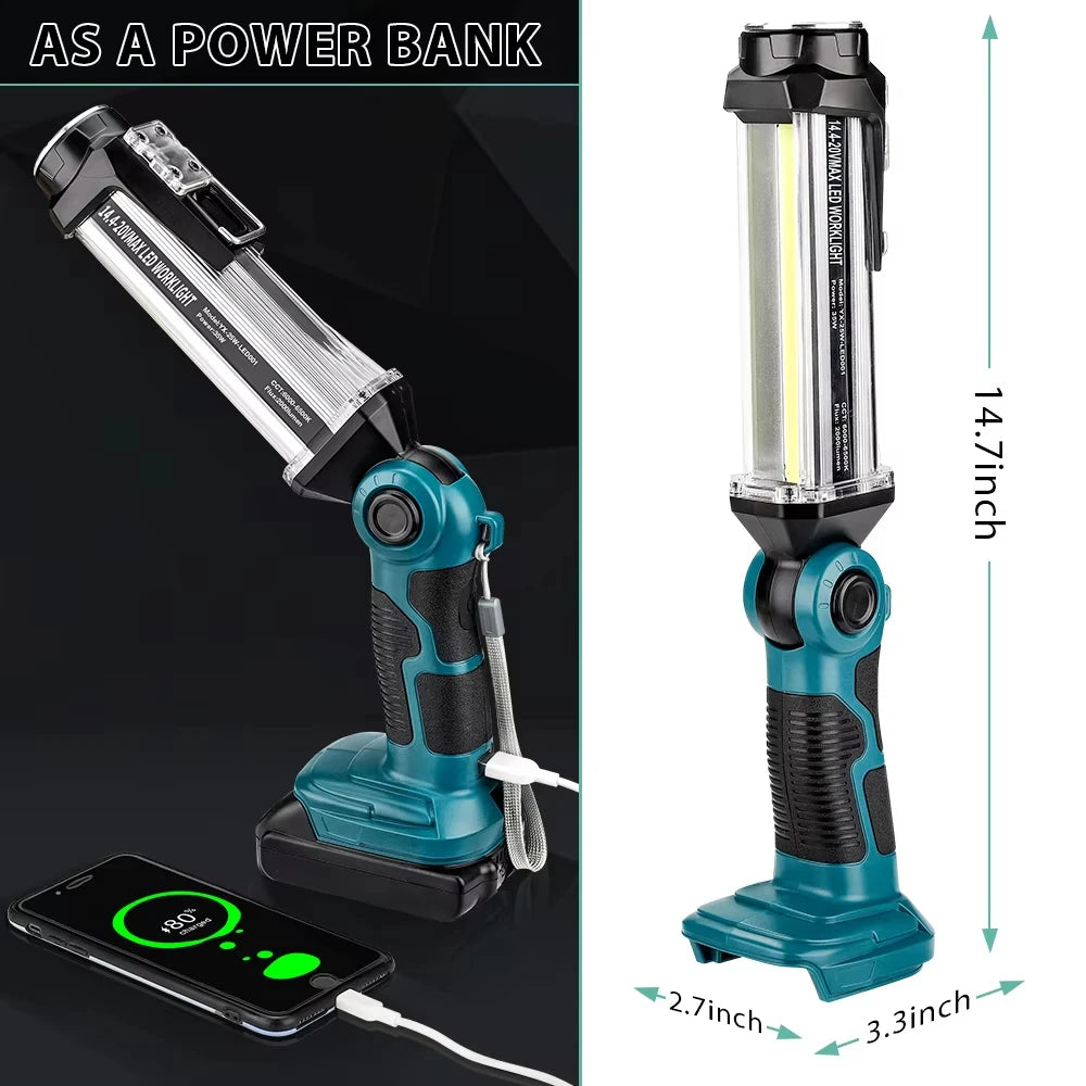 2000LM LED Work Light for Makita 20V Lithium-ion Battery Portable Light Horizontal Down Light Outdoor Handheld Flashlight 35W