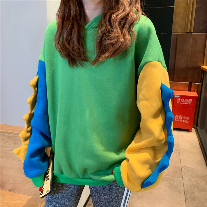 Cute Irregular Color Block Dinosaur Hoodie Sweater