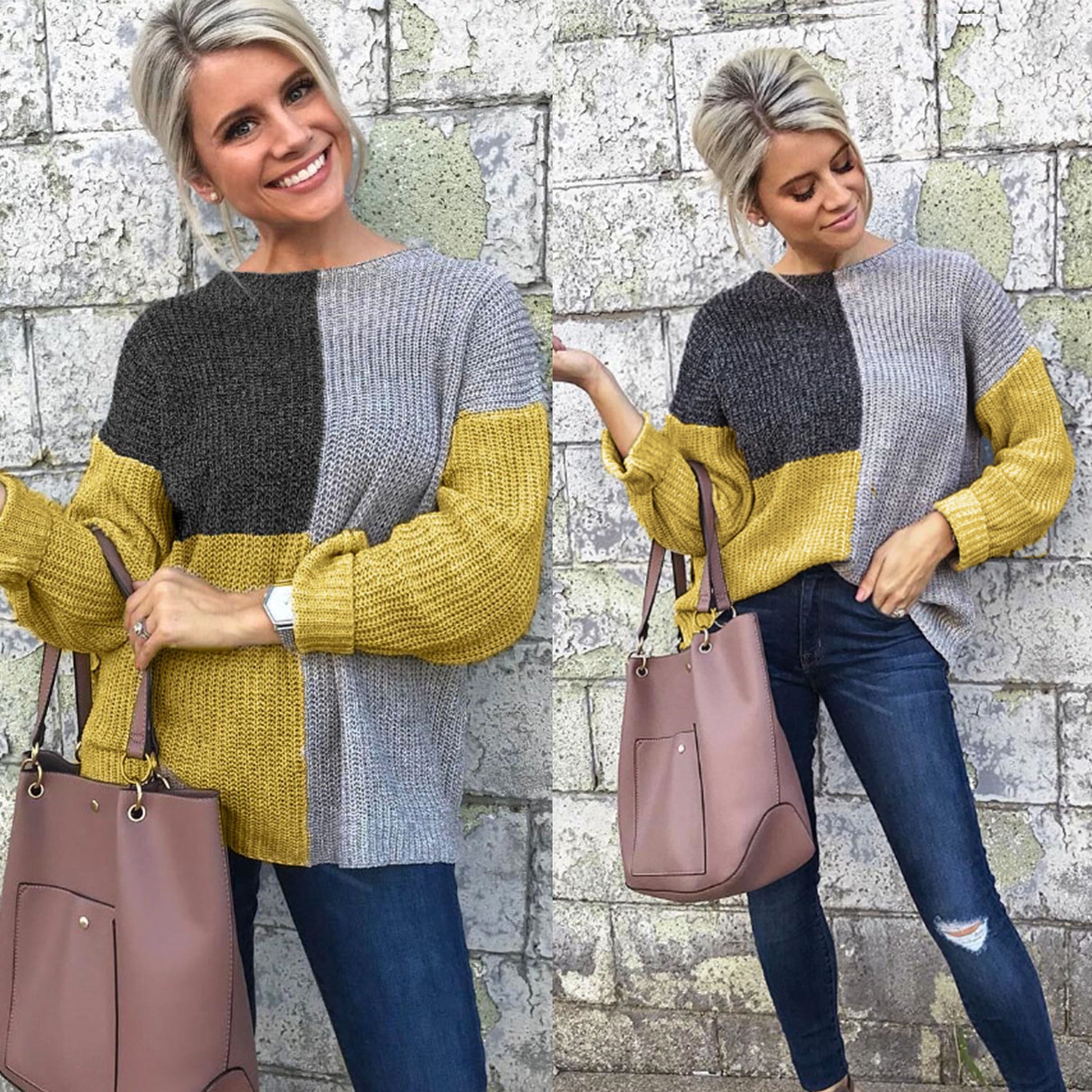 Color Block Loose Knit Sweater with Patchwork Design