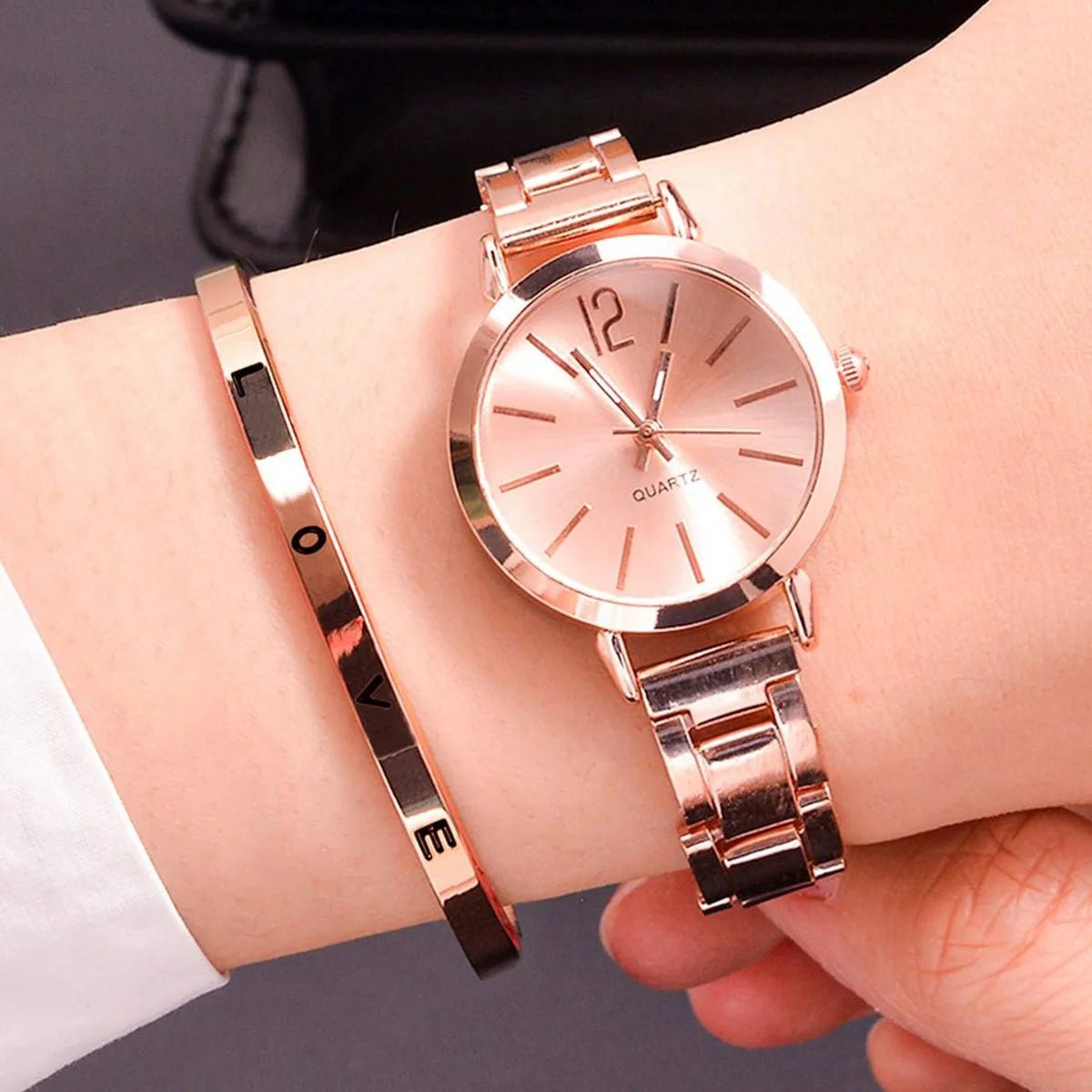 2 stücke Set Uhr Luxus Frauen Einfache Zifferblatt Hohl Strap Mode Gold Armband Quarz Armbanduhr Student Damen Uhren Reloj Mujer - flohmarkt-deutschland.shop