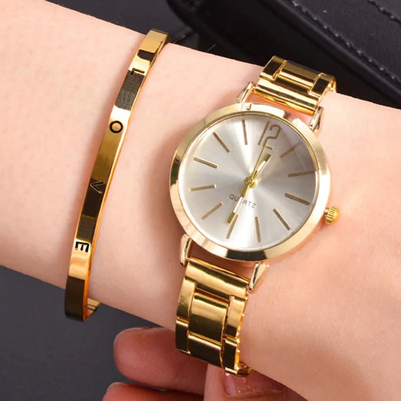 2 stücke Set Uhr Luxus Frauen Einfache Zifferblatt Hohl Strap Mode Gold Armband Quarz Armbanduhr Student Damen Uhren Reloj Mujer - flohmarkt-deutschland.shop