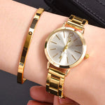 2 stücke Set Uhr Luxus Frauen Einfache Zifferblatt Hohl Strap Mode Gold Armband Quarz Armbanduhr Student Damen Uhren Reloj Mujer - flohmarkt-deutschland.shop