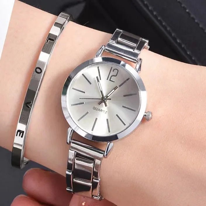 2 stücke Set Uhr Luxus Frauen Einfache Zifferblatt Hohl Strap Mode Gold Armband Quarz Armbanduhr Student Damen Uhren Reloj Mujer - flohmarkt-deutschland.shop