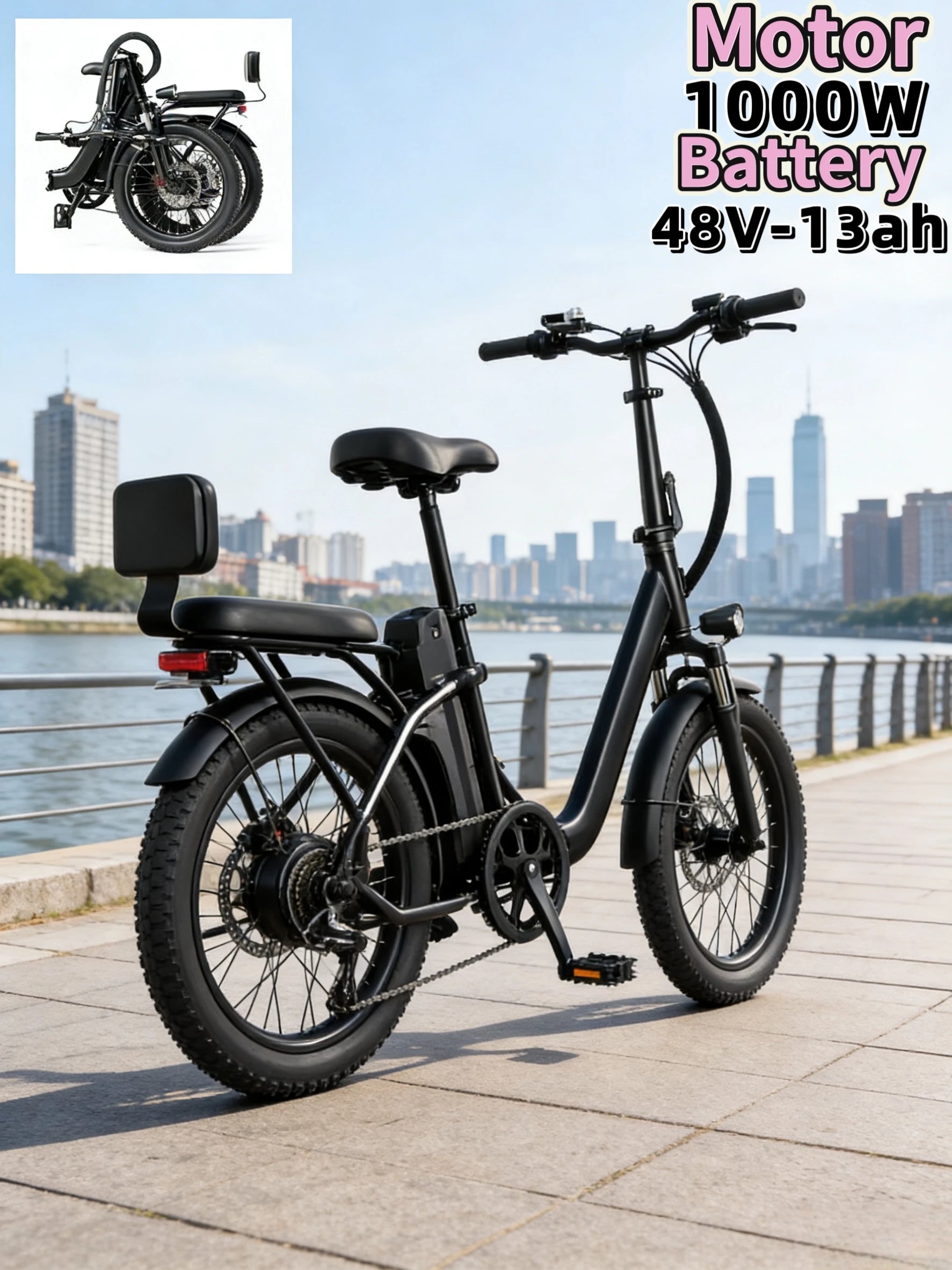 20-Zoll faltbares Eltern-Kind-E-Bike. 48V13AH Elektroroller mit herausnehmbarem Akku, 1000W bürstenloser Motor Elektrofahrrad - flohmarkt-deutschland.shop