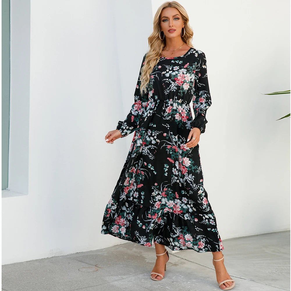 2023 frühling Sommer Böhmischen Frauen Maxi Kleid Casual Langarm Hohe Taille Strand Frau Chiffon Kleider Floral Vestidos Mujer Neue - flohmarkt-deutschland.shop