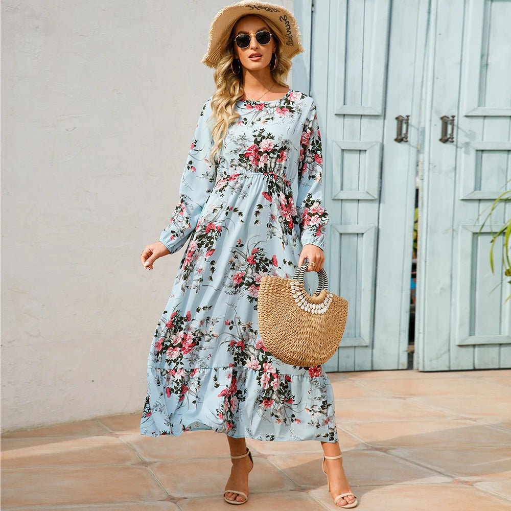 2023 frühling Sommer Böhmischen Frauen Maxi Kleid Casual Langarm Hohe Taille Strand Frau Chiffon Kleider Floral Vestidos Mujer Neue - flohmarkt-deutschland.shop