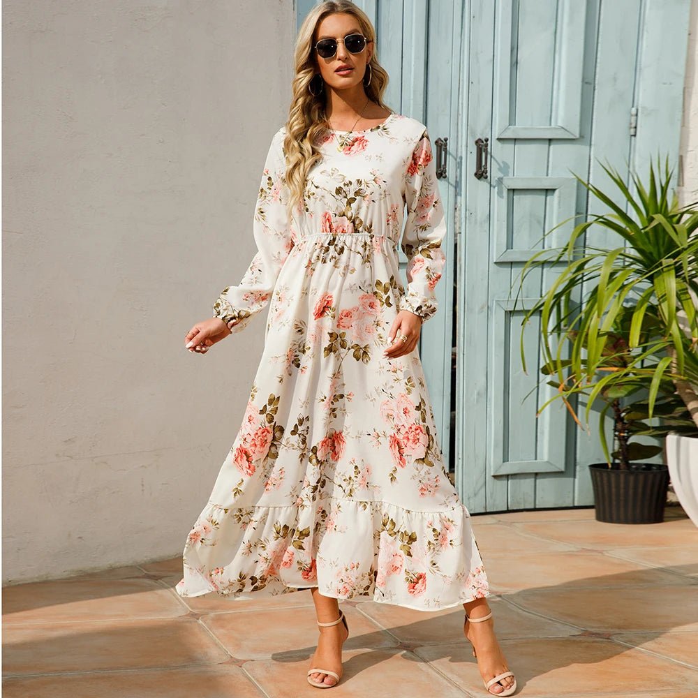 2023 frühling Sommer Böhmischen Frauen Maxi Kleid Casual Langarm Hohe Taille Strand Frau Chiffon Kleider Floral Vestidos Mujer Neue - flohmarkt-deutschland.shop
