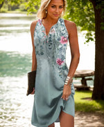 2025, böhmisches Midikleid für Frauen, Sommermode, bedruckt, V-Ausschnitt, ärmellos, A-Linie, lässig, elegant, Damen, Übergröße, Vestido - flohmarkt-deutschland.shop