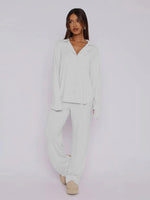 2025 Lapel Comfortable Long Sleeve Shirt Wide Leg Trousers Solid Color Home Wear Suit Damen Kleidung Two Piece Set Women Outfits - flohmarkt-deutschland.shop