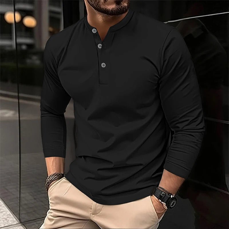 2025 männer Sommer Langarm Henry Polo Casual Atmungsaktiv Komfortable Polo-Shirt Solide Hohe Qualität Männliche T-Shirt Dropshipping - flohmarkt-deutschland.shop