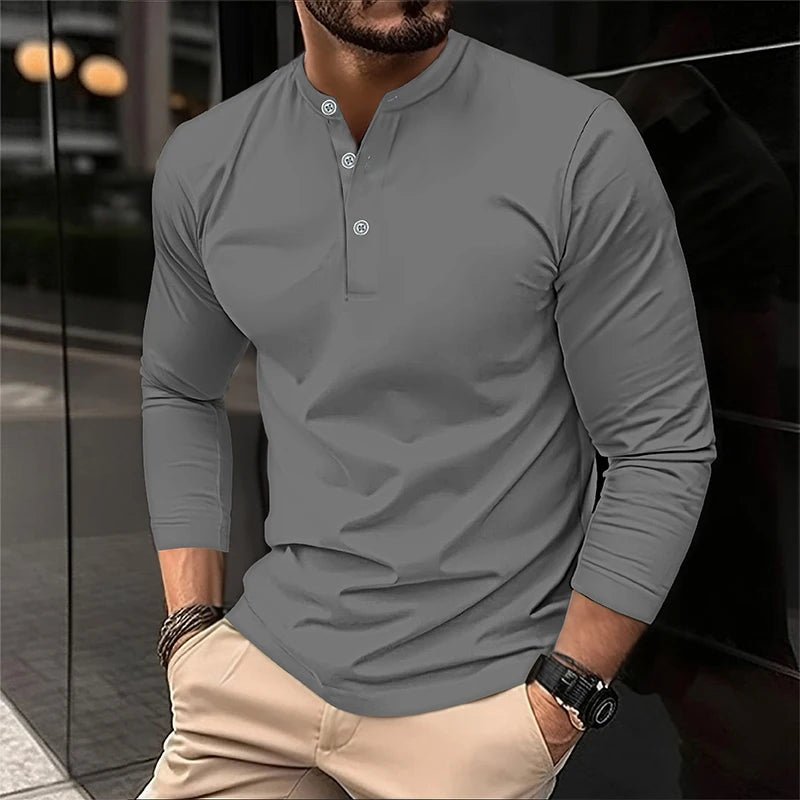 2025 männer Sommer Langarm Henry Polo Casual Atmungsaktiv Komfortable Polo-Shirt Solide Hohe Qualität Männliche T-Shirt Dropshipping - flohmarkt-deutschland.shop