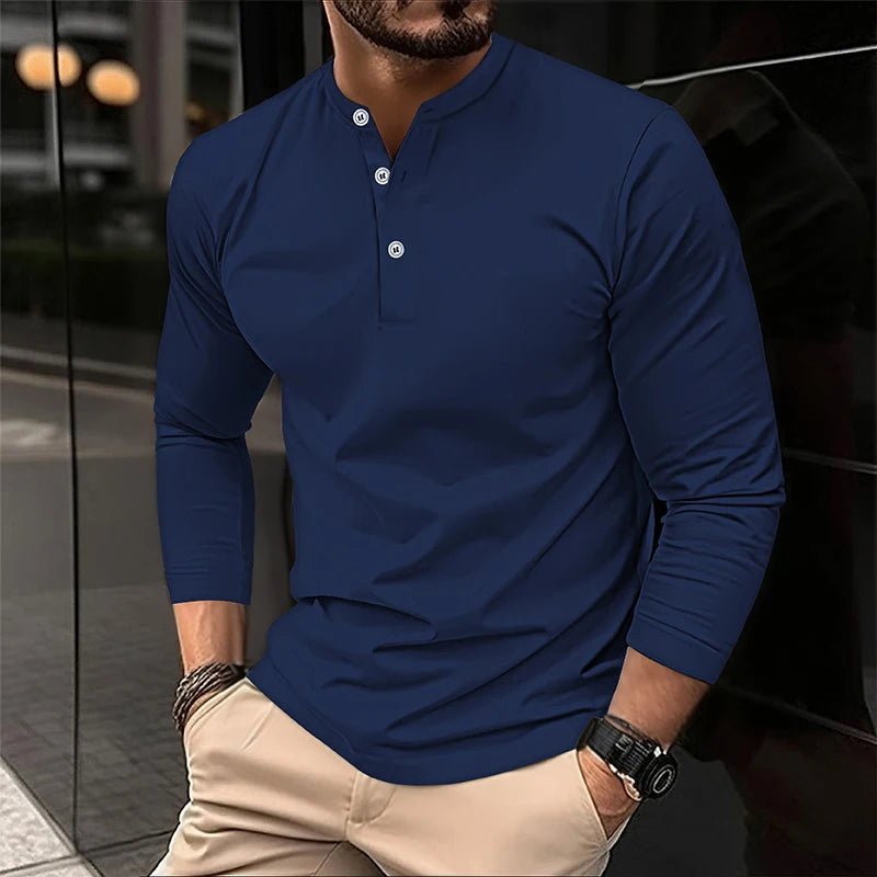 2025 männer Sommer Langarm Henry Polo Casual Atmungsaktiv Komfortable Polo-Shirt Solide Hohe Qualität Männliche T-Shirt Dropshipping - flohmarkt-deutschland.shop