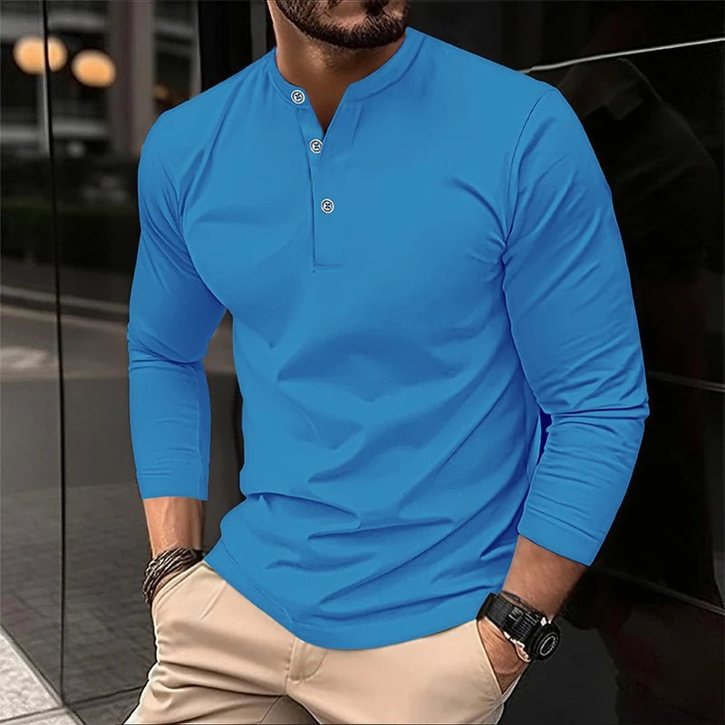 2025 männer Sommer Langarm Henry Polo Casual Atmungsaktiv Komfortable Polo-Shirt Solide Hohe Qualität Männliche T-Shirt Dropshipping - flohmarkt-deutschland.shop