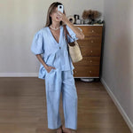 2025 neue Frauen Einfarbig V-ausschnitt Blase Kurzarm Hosen Anzug Sommer Frauen Kurze T-Shirt Top + Lange Hosen Zwei stück Sets - flohmarkt-deutschland.shop