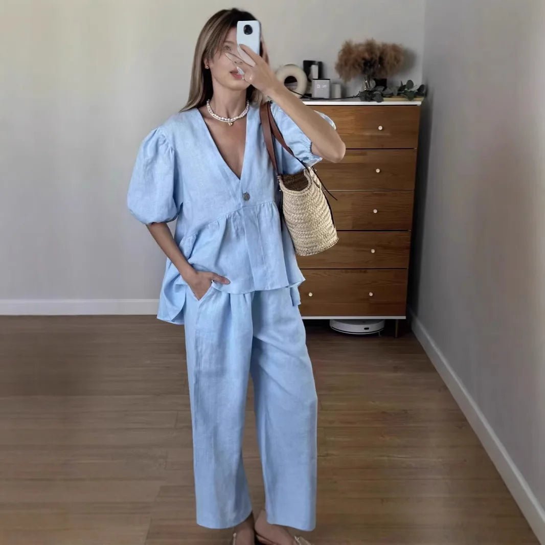 2025 neue Frauen Einfarbig V-ausschnitt Blase Kurzarm Hosen Anzug Sommer Frauen Kurze T-Shirt Top + Lange Hosen Zwei stück Sets - flohmarkt-deutschland.shop