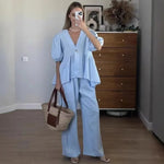 2025 neue Frauen Einfarbig V-ausschnitt Blase Kurzarm Hosen Anzug Sommer Frauen Kurze T-Shirt Top + Lange Hosen Zwei stück Sets - flohmarkt-deutschland.shop