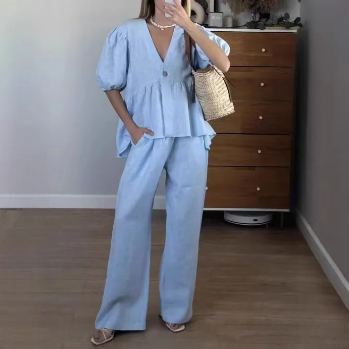 2025 neue Frauen Einfarbig V-ausschnitt Blase Kurzarm Hosen Anzug Sommer Frauen Kurze T-Shirt Top + Lange Hosen Zwei stück Sets - flohmarkt-deutschland.shop