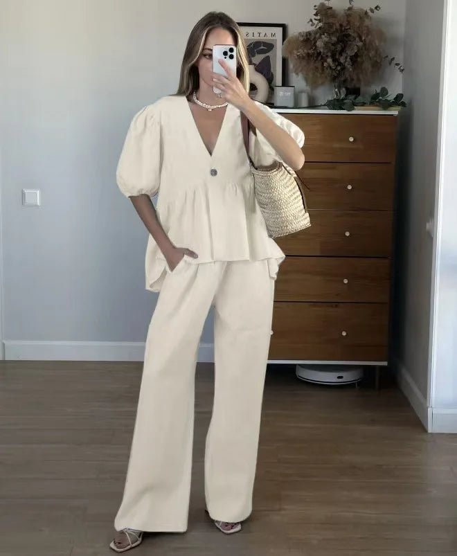 2025 neue Frauen Einfarbig V-ausschnitt Blase Kurzarm Hosen Anzug Sommer Frauen Kurze T-Shirt Top + Lange Hosen Zwei stück Sets - flohmarkt-deutschland.shop