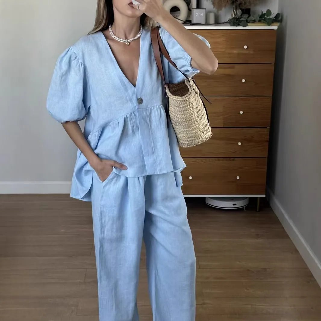 2025 neue Frauen Einfarbig V-ausschnitt Blase Kurzarm Hosen Anzug Sommer Frauen Kurze T-Shirt Top + Lange Hosen Zwei stück Sets - flohmarkt-deutschland.shop