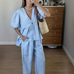 2025 neue Frauen Einfarbig V-ausschnitt Blase Kurzarm Hosen Anzug Sommer Frauen Kurze T-Shirt Top + Lange Hosen Zwei stück Sets - flohmarkt-deutschland.shop