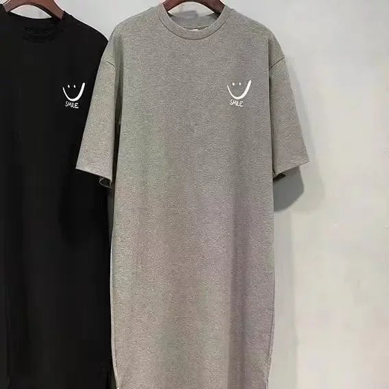 2025 Plus Size Summer Women's Smiley Side-Slit T-Shirt - Casual Loose Fit Dress - flohmarkt-deutschland.shop