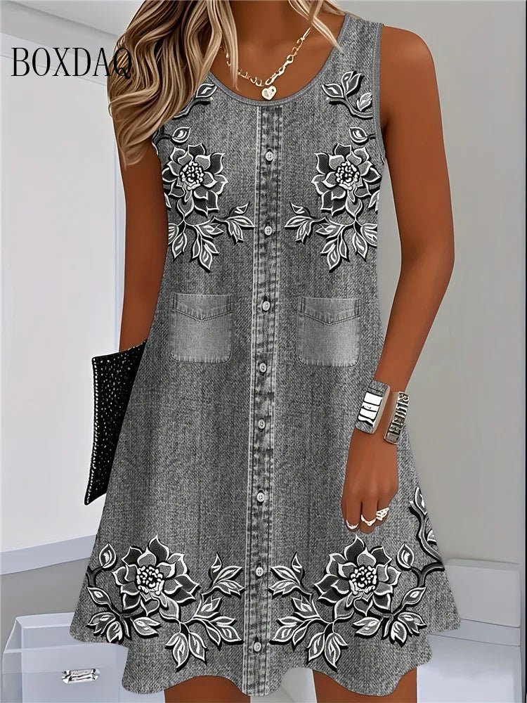 2025 Women Summer Sleeveless Bohemian Dress Fashion Imitate Cowboy Vest Flowers Print Dress Casual Tank Beach Dresses For Women - flohmarkt-deutschland.shop