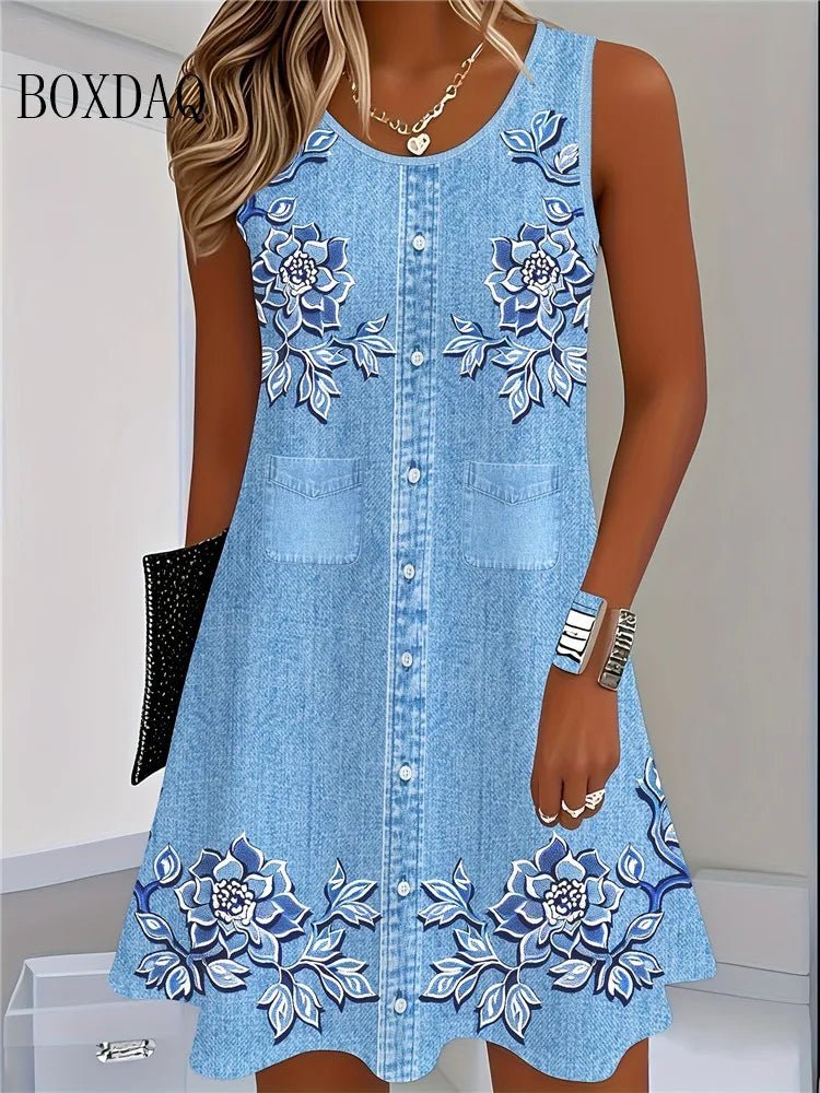 2025 Women Summer Sleeveless Bohemian Dress Fashion Imitate Cowboy Vest Flowers Print Dress Casual Tank Beach Dresses For Women - flohmarkt-deutschland.shop