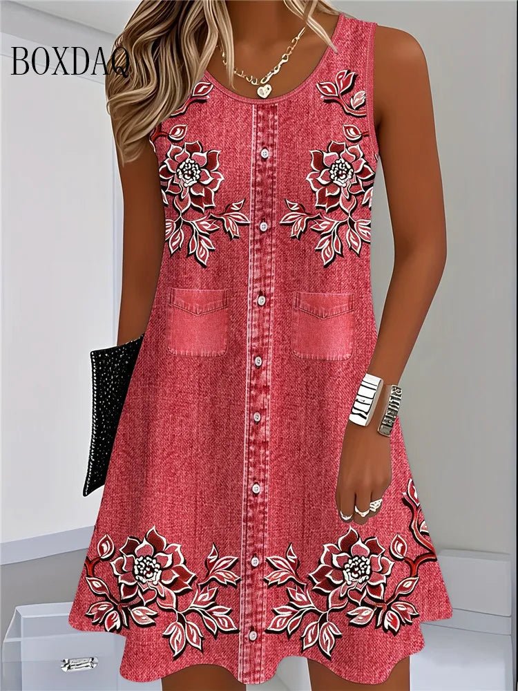 2025 Women Summer Sleeveless Bohemian Dress Fashion Imitate Cowboy Vest Flowers Print Dress Casual Tank Beach Dresses For Women - flohmarkt-deutschland.shop