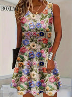 2025 Women Summer Sleeveless Bohemian Dress Fashion Imitate Cowboy Vest Flowers Print Dress Casual Tank Beach Dresses For Women - flohmarkt-deutschland.shop