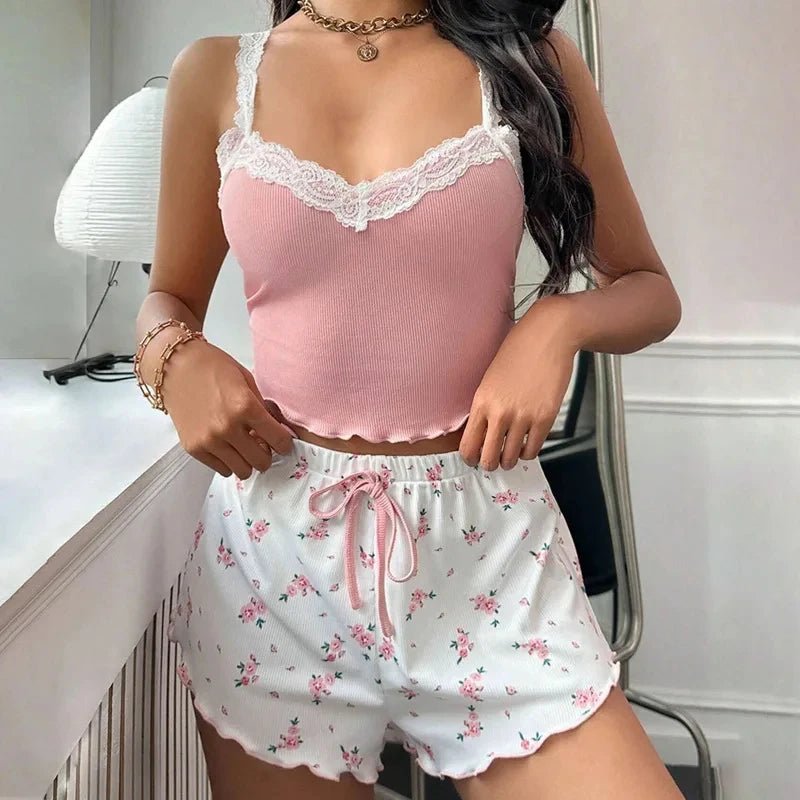 2025 women's sexy lace lace camisole vest shorts sleepwear women's slim fit two-piece home outfit new product pink coffee blue - flohmarkt-deutschland.shop