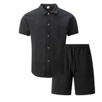 2026 New Trend Men's Solid Color Jacquard Collar Swe2026 new ater Fashion High-Quality Short-Sleeved Shirt Casual Two-Piece Set - flohmarkt-deutschland.shop