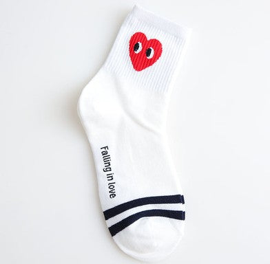 Cute Heart Print Mid-Calf Socks - Cartoon Striped Design