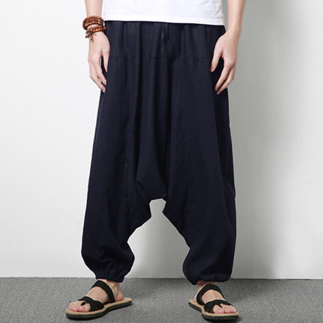 Men's Cotton Linen Loose Casual Harem Pants (Large)
